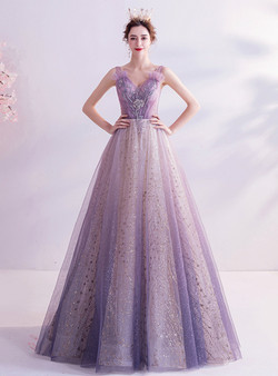 In Stock:Ship in 48 Hours Purple Sequins V-neck Prom Dress