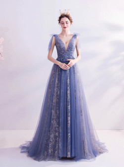 In Stock:Ship in 48 Hours Blue Tulle Sequins V-neck Sleeveless Prom Dress