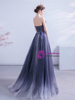 In Stock:Ship in 48 Hours Blue Tulle Sequins Strapless Prom Dress