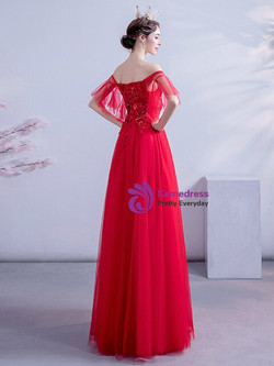 In Stock:Ship in 48 Hours Red Tulle Appliques Prom Dress