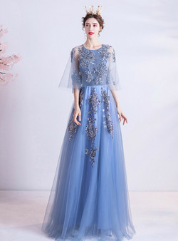In Stock:Ship in 48 Hours Blue Tulle Sequins Backless Prom Dress