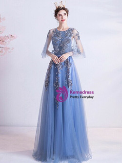 In Stock:Ship in 48 Hours Blue Tulle Sequins Backless Prom Dress