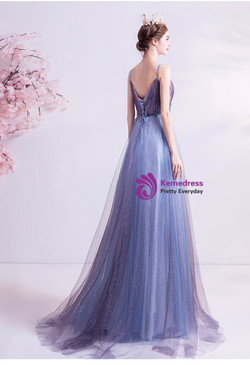 In Stock:Ship in 48 Hours Blue Tulle Appliques Sleeveless Prom Dress