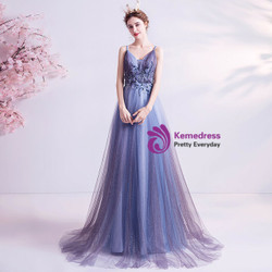 In Stock:Ship in 48 Hours Blue Tulle Appliques Sleeveless Prom Dress