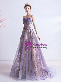 In Stock:Ship in 48 Hours Purple Tulle Sequins Strapless Prom Dress