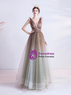 In Stock:Ship in 48 Hours Coffee Tulle V-neck Prom Dress