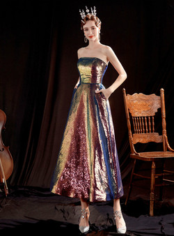 In Stock:Ship in 48 Hours Purple Sequins Tea Length Prom Dress