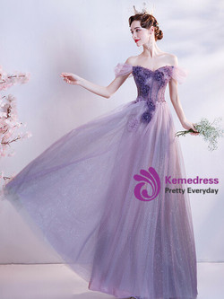In Stock:Ship in 48 Hours Purple Appliques Beading Prom Dress