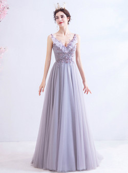 In Stock:Ship in 48 Hours Purple Tulle V-neck Beading Prom Dress