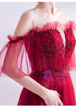 In Stock:Ship in 48 Hours Burgundy Tulle Sequins Beading Prom Dress