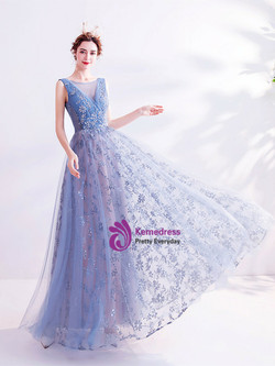 In Stock:Ship in 48 Hours Scoop Blue Sequins Pleats Prom Dress