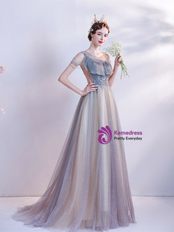 In Stock:Ship in 48 Hours Blue Beading Tulle Backless Prom Dress