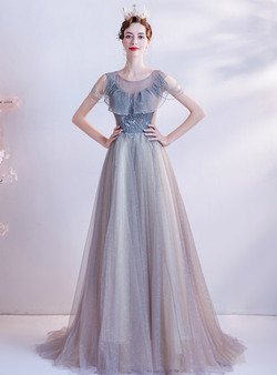 In Stock:Ship in 48 Hours Blue Beading Tulle Backless Prom Dress