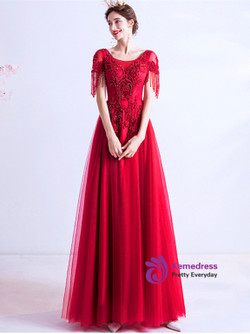 In Stock:Ship in 48 Hours Red Tulle Tassel Beading Prom Dress