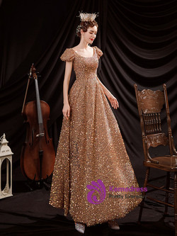 In Stock:Ship in 48 Hours Gold Sequins Bateau Prom Dress