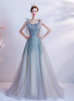 In Stock:Ship in 48 Hours Blue Tulle Straps Sequins Prom Dress