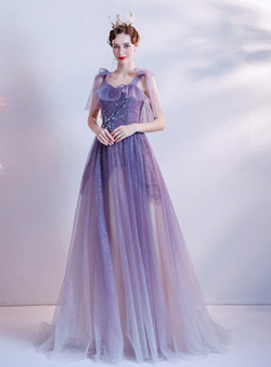 In Stock:Ship in 48 Hours Purple Tulle Beading Sequins Prom Dress