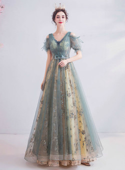 In Stock:Ship in 48 Hours Light Blue V-neck Short Sleeve Prom Dress