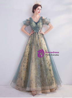 In Stock:Ship in 48 Hours Light Blue V-neck Short Sleeve Prom Dress