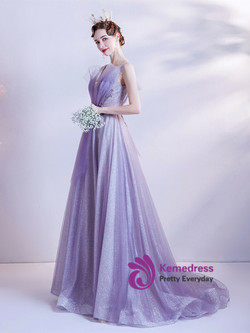 In Stock:Ship in 48 Hours Purple V-neck Sequins Beading Prom Dress