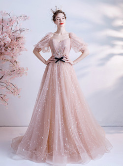 In Stock:Ship in 48 Hours Champagne Pink Tulle Backless Prom Dress