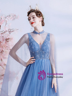 In Stock:Ship in 48 Hours Blue Tulle V-neck Beading Prom Dress