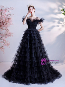 In Stock:Ship in 48 Hours Black Tulle Pleats Prom Dress