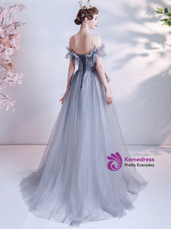 In Stock:Ship in 48 Hours Gray Tulle Beading Prom Dress