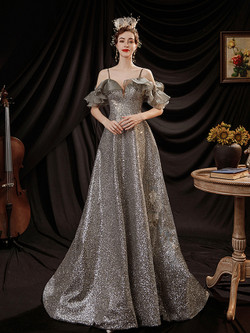 In Stock:Ship in 48 Hours Silver Sequins Spaghetti Straps Prom Dress