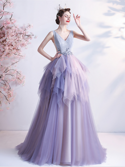 In Stock:Ship in 48 hours Purple Tulle V-neck Prom Dress