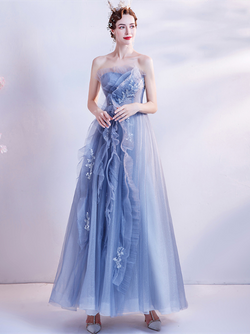 In Stock:Ship in 48 Hours Blue Tulle Beading Strapless Prom Dress
