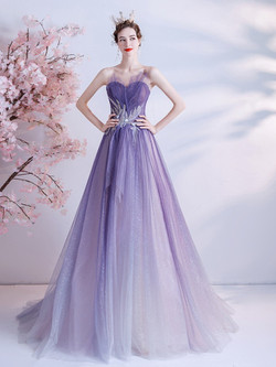 In Stock:Ship in 48 hours Purple Tulle Pleats Strpless Prom Dress