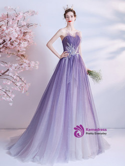 In Stock:Ship in 48 hours Purple Tulle Pleats Strpless Prom Dress