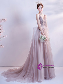 In Stock:Ship in 48 hours Pink Tulle V-neck Beading Prom Dress