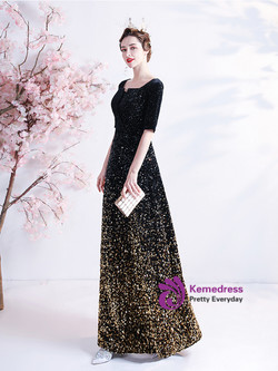 In Stock:Ship in 48 hours Black Sequins Square Short Sleeve Prom Dress