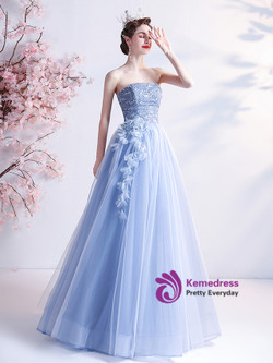 In Stock:Ship in 48 hours Blue Tulle Strapless Prom Dress