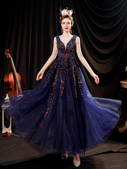 In Stock:Ship in 48 hours Navy Blue Sequins V-neck Prom Dress