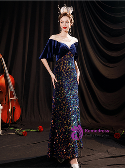 In Stock:Ship in 48 hours Navy Blue Sequins Prom Dress