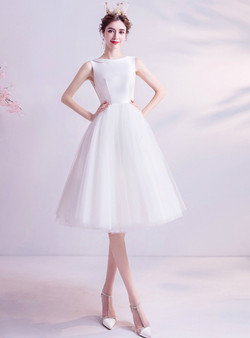 In Stock:Ship in 48 Hours White Tulle Knee Length Wedding Dress