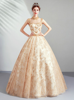 In Stock:Ship in 48 Hours Gold High Neck Tulle Sequins Wedding Dress