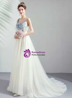 In Stock:Ship in 48 Hours White Tulle Blue Appliques Wedding Dress