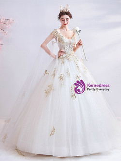 In Stock:Ship in 48 Hours White Tulle Gold Sequins Wedding Dress