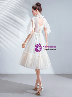 In Stock:Ship in 48 Hours White Tulle Appliques Knee Length Wedding Dress