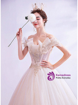 In Stock:Ship in 48 Hours Ivory Tulle Sequins Appliques Wedding Dress