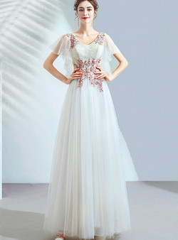 In Stock:Ship in 48 Hours V-neck Pink Appliques Prom Dress