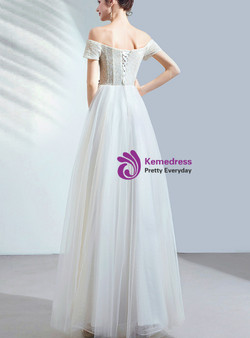 In Stock:Ship in 48 Hours White Tulle Short Sleeve Wedding Dress