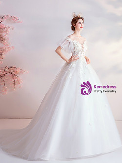 In Stock:Ship in 48 Hours White Tulle Appliques Illusion Back Wedding Dress
