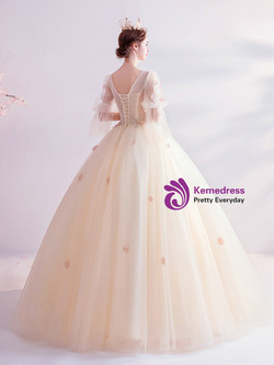 In Stock:Ship in 48 Hours Tulle V-neck Short Sleeve Appliques Wedding Dress