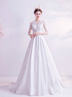 In Stock:Ship in 48 Hours White Satin Appliques Wedding Dress