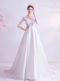 In Stock:Ship in 48 Hours White Satin Illusion Wedding Dress